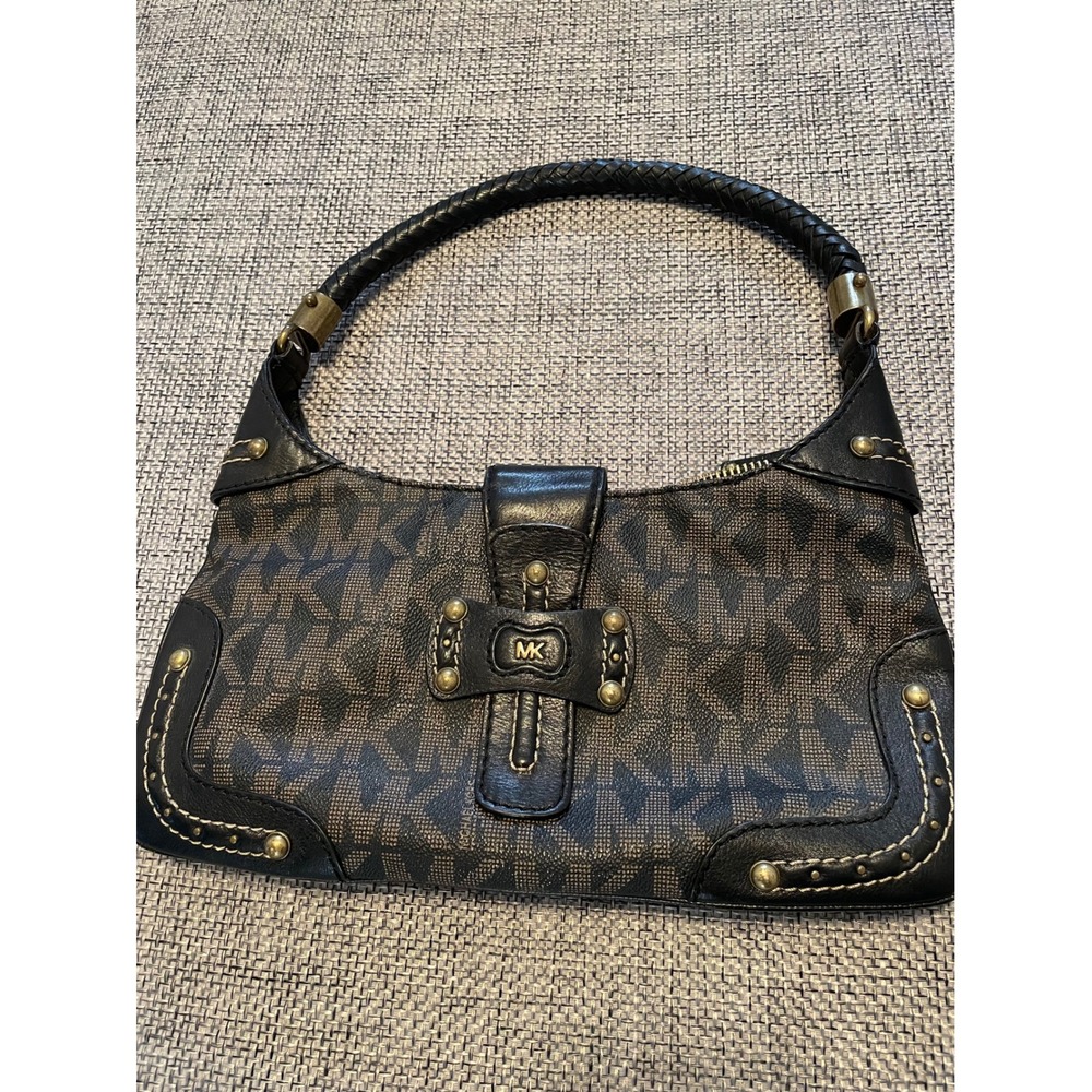 Michael Kors Monogram Baguette Shoulder Bag Brown Black Braided Handle Vintage